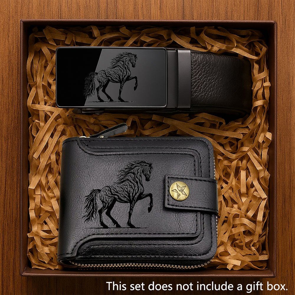 2pcs Men's Branch & Horse Wallet and Belt Combo - Elegant Collegiate Style Matching Wallet & Accessory Suitable for Daily & Professional Wear, Ideal Gift for Father's Day, Christmas, (Wallet and Belt)