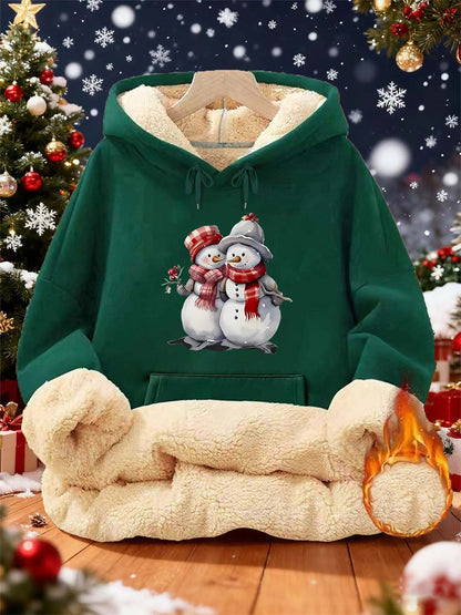 Women'S Winter Warmth Hooded Sweatshirt with Cute Snowman & Snowflake Print - Thick Fleece-Lined Long Sleeve Pullover, Cozy Casual Winter Sweater for Fall & Winter, Winter Sweatshirts, Seasonal Clothing, Playful Design, Soft