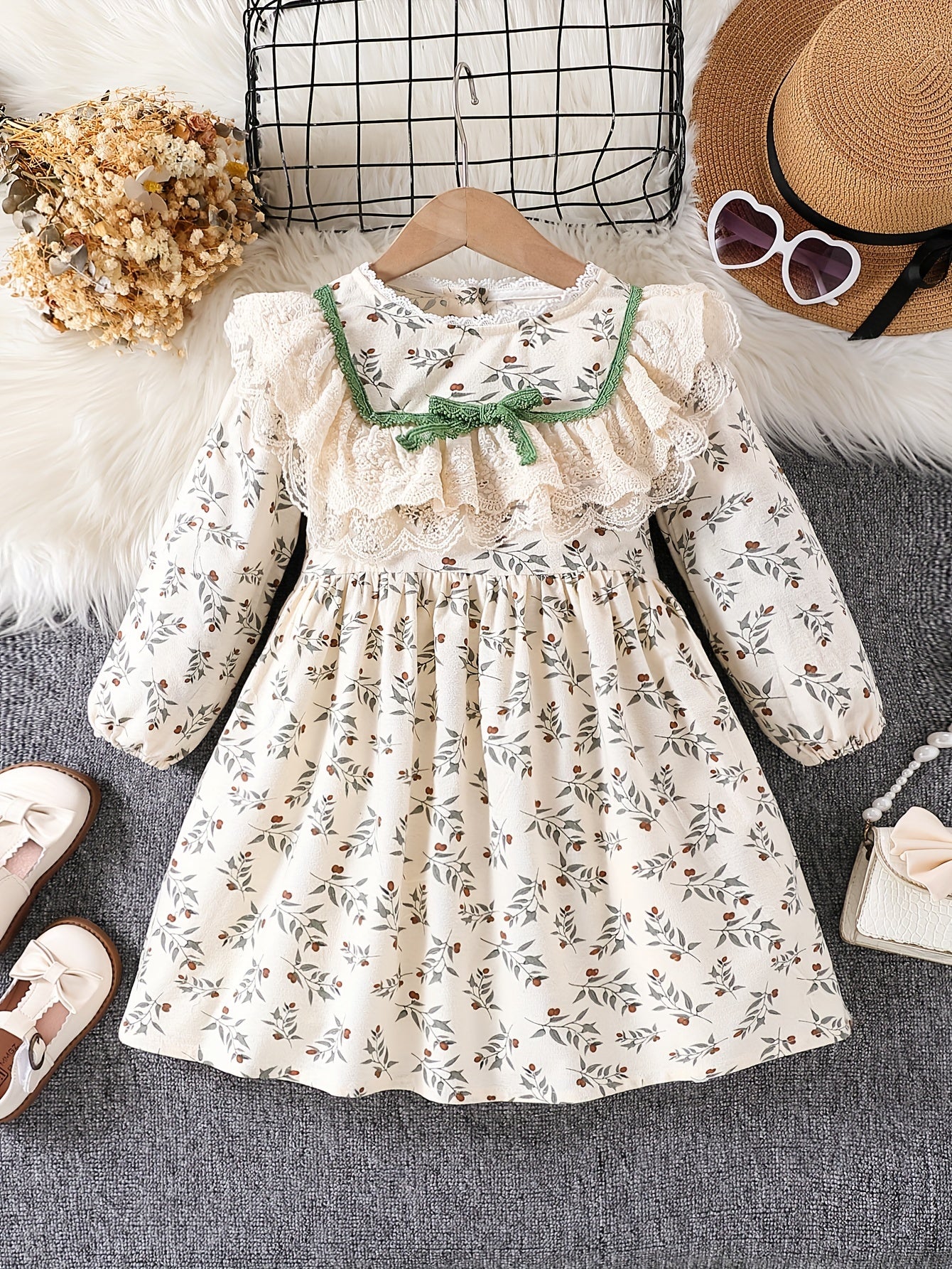 Girls' Retro Floral Cotton Dress with Bow Collar for Spring Fall