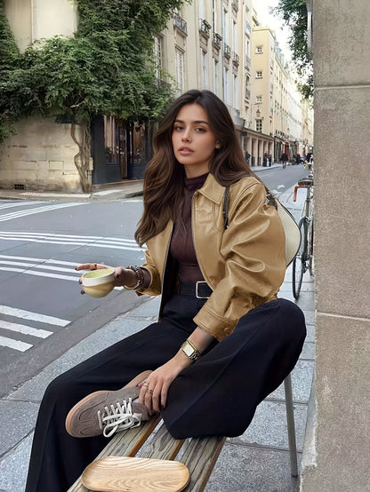 Women's Burgundy Retro-Casual Cropped Jacket with Lapel & Zipper