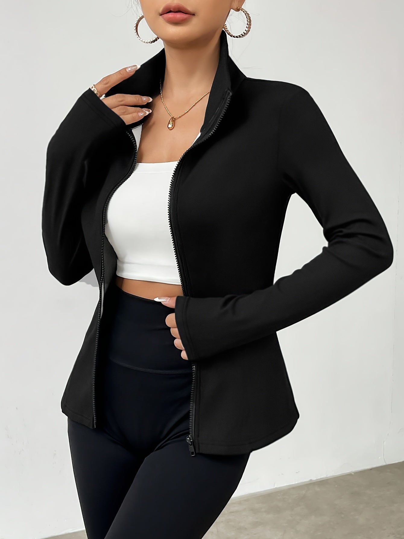 Women'S Fleece Jacket - Elegant Stand Collar Zip-Up with Front Pockets, Long Sleeve, All-Season Versatile for & Fitness, Black, Apparel | Sleek Black Jacket | Zippered Jacket