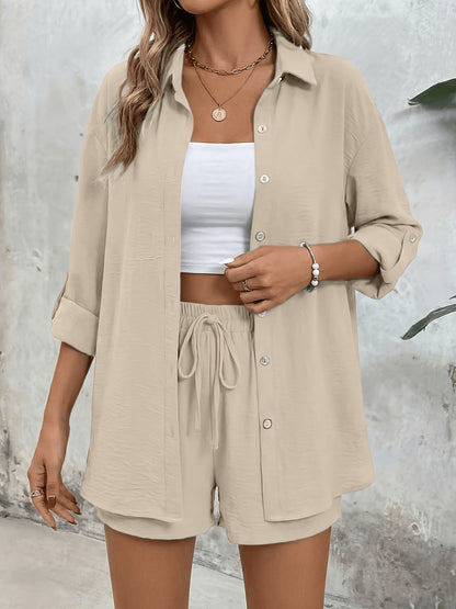 Women's Casual Long-Sleeve Shirt & High-Waist Shorts Set for Spring/Su