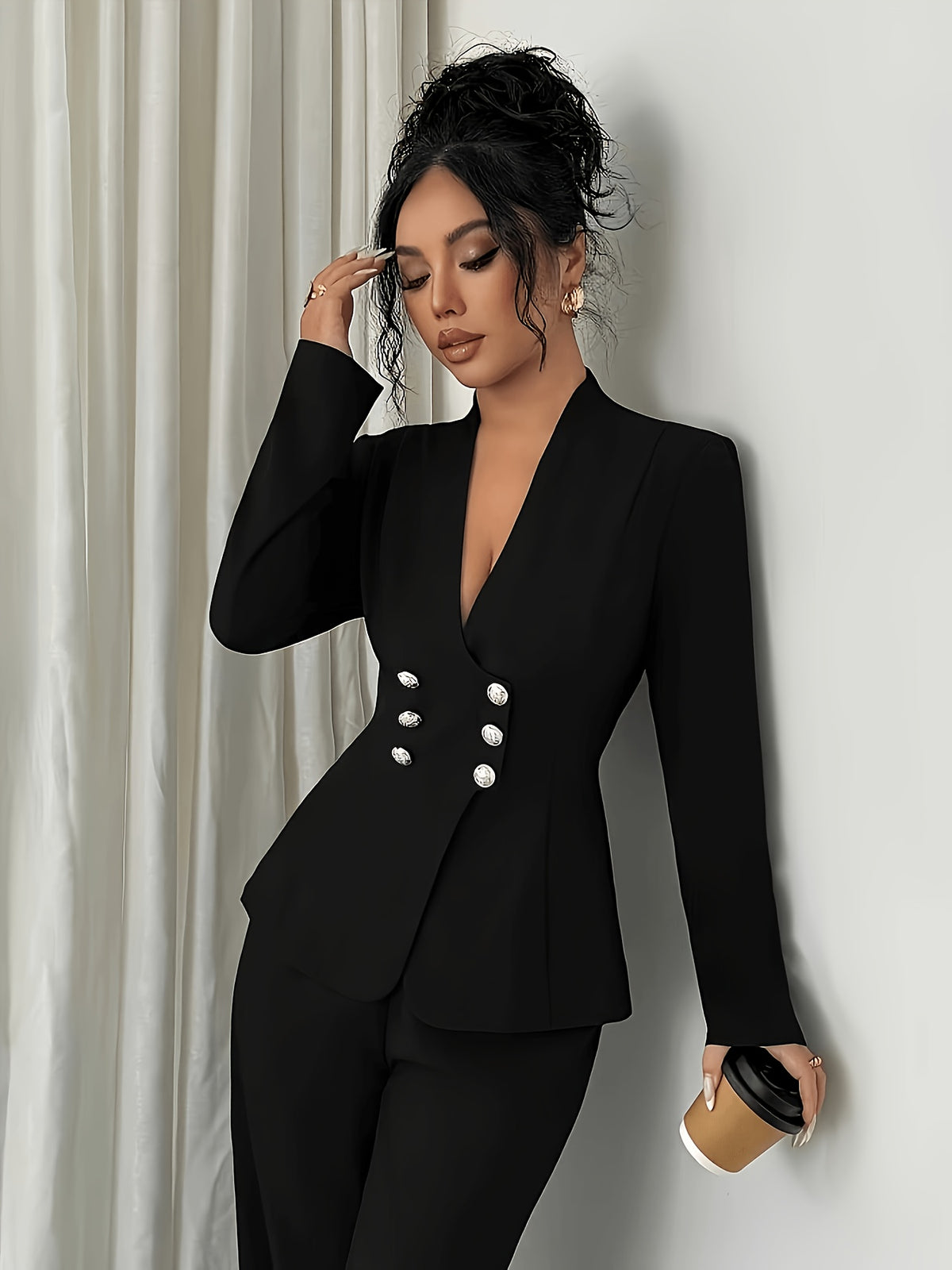 Women's Chic Solid Color Polyester Pants Set for All Seasons