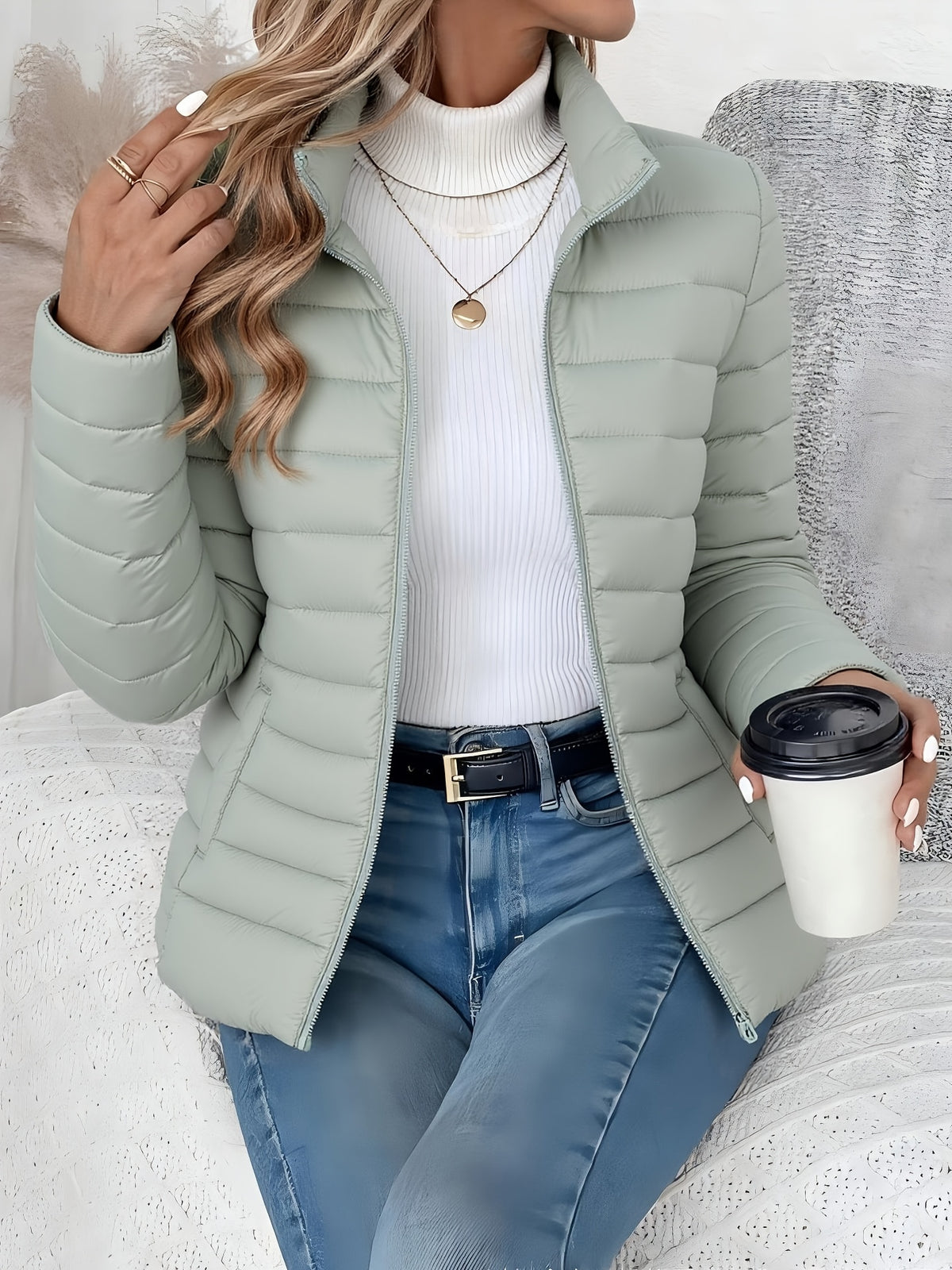 Women's Slim-Fit Quilted Polyester Jacket with High Neck