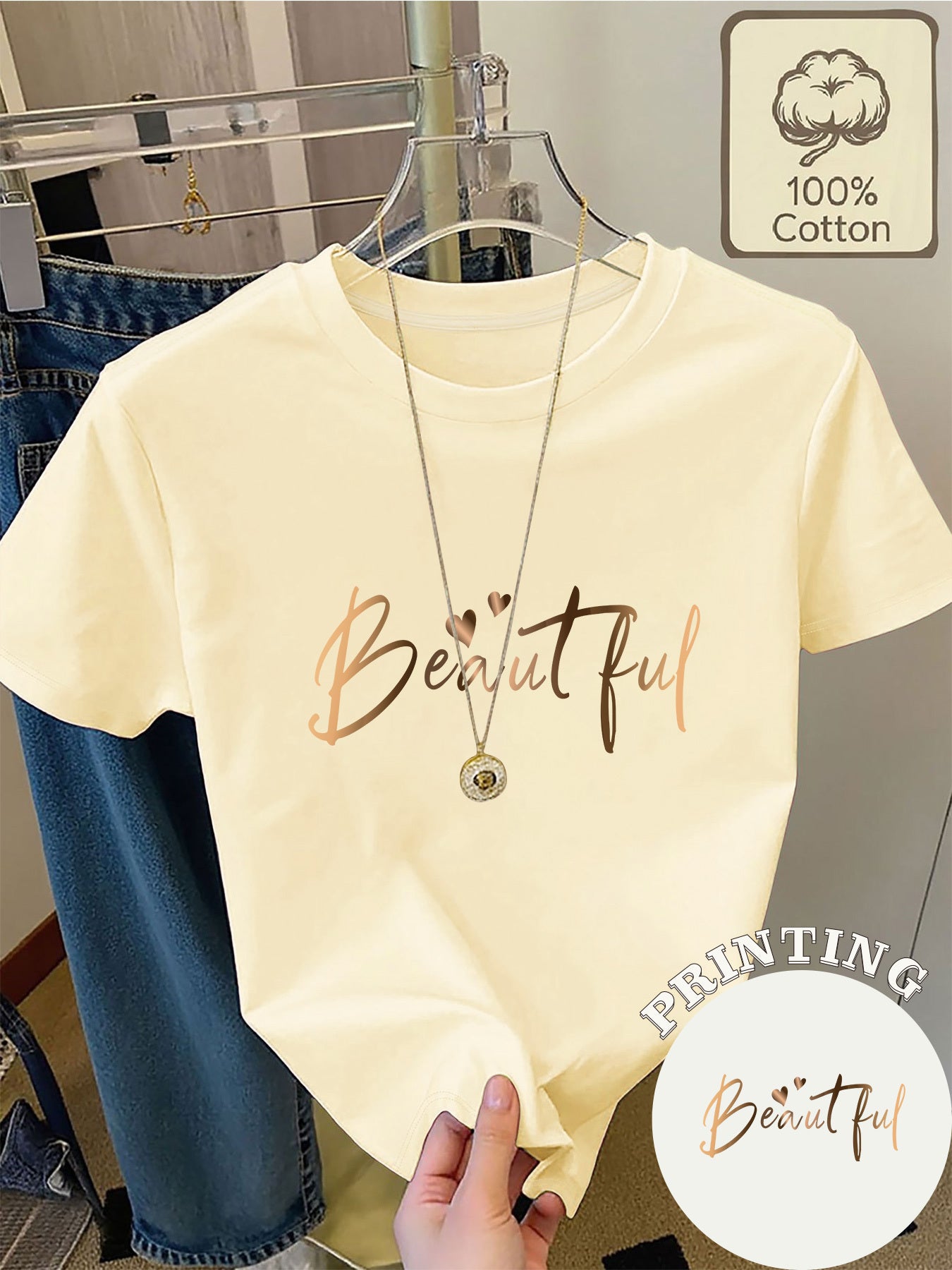 Women's Cotton Summer T-Shirt with 'Beautiful' Print and Hearts