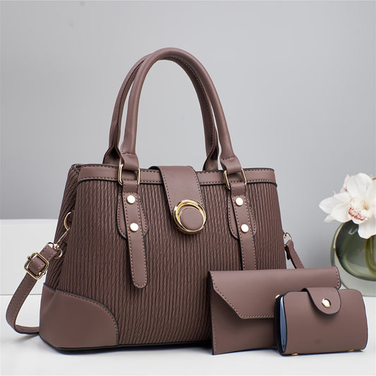 Women's 3-Piece Striped PU Handbag Set with Detachable Strap