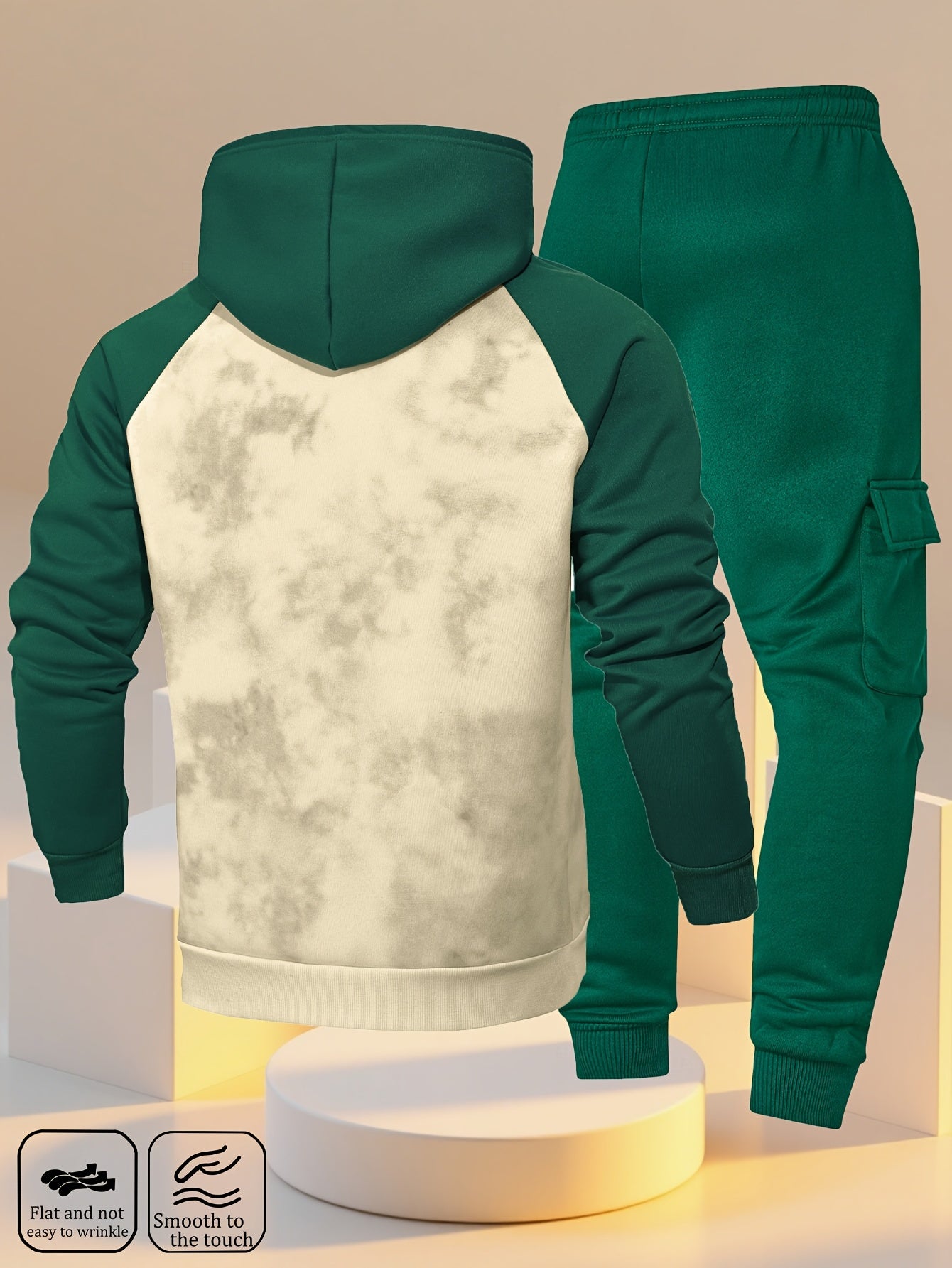 New Trendy Fashion Raglan Sleeve Colorblock Hoodie and Loose Cuffed Drawstring Cargo Pants with Multiple Pockets, Casual Daily Comfortable Versatile Breathable Hooded Sweatshirt and Loose Long Pants 2pcs Set with Stylish Prin