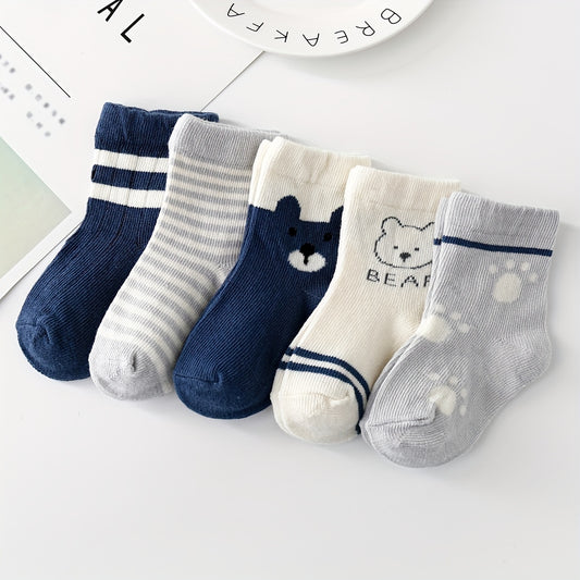 5pairs Cute Bear Footprint Striped Knit Socks, Soft Comfortable Thin Breathable Socks Baby Boys And Girls Accessories