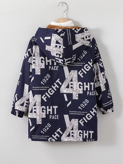 Boys' Cozy Jacket with Letter Print - Casual & Warm Windproof Outerwear for Fall/Winter