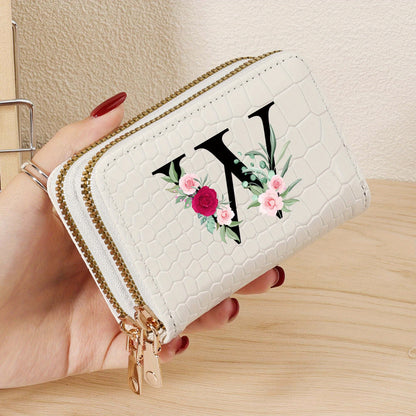 Minimalist Women'S Short Wallet Featuring a Double Zipper Design, with a Crocodile A-Z Letter Pattern. This Stylish Handbag Also Serves As a Fashionable Coin Wallet, Perfect for Travel, Back-To-School, Or Parties.