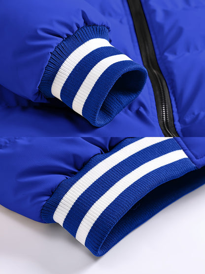 Men's Modern Streetwear Hooded Jacket with Embroidered Lettering, Color-Block Design, Removable Hood & Polyester Fill - Machine Washable Long Sleeve Coat with Pockets for Fall Winter Casual Wear