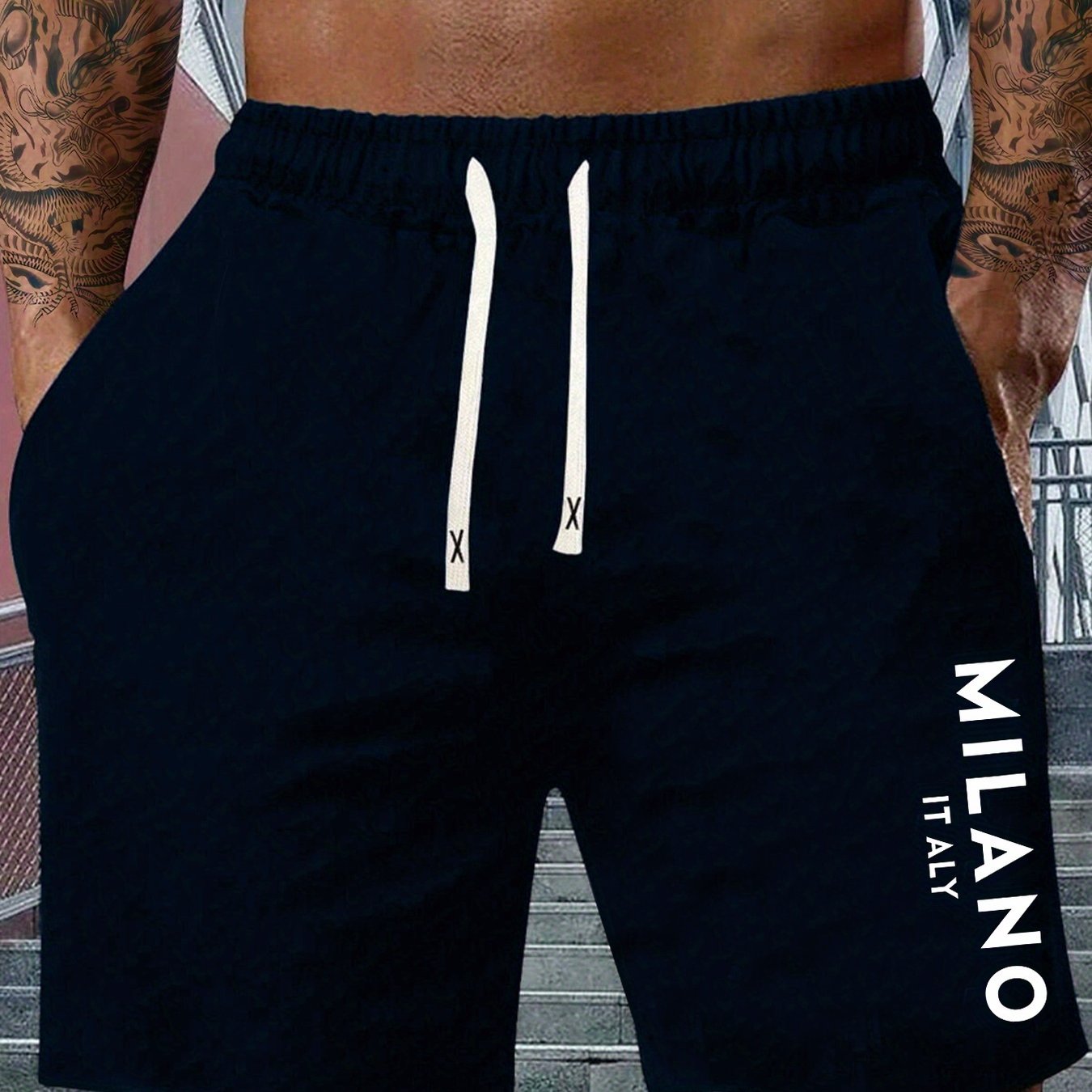 Men's Lightweight Cotton-Blend Casual Shorts with "MILANO ITALY" Print, Elastic Waistband & Drawstring, Side Pockets, Perfect for Spring & Summer Outdoor Activities, Fitness, and Vacations