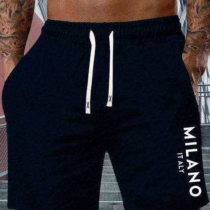 Men's Lightweight Cotton-Blend Casual Shorts with "MILANO ITALY" Print, Elastic Waistband & Drawstring, Side Pockets, Perfect for Spring & Summer Outdoor Activities, Fitness, and Vacations