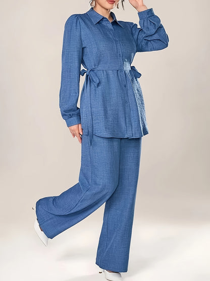 Women's Two-Piece Set with Front Buckle Long Sleeve Casual Top and Trousers