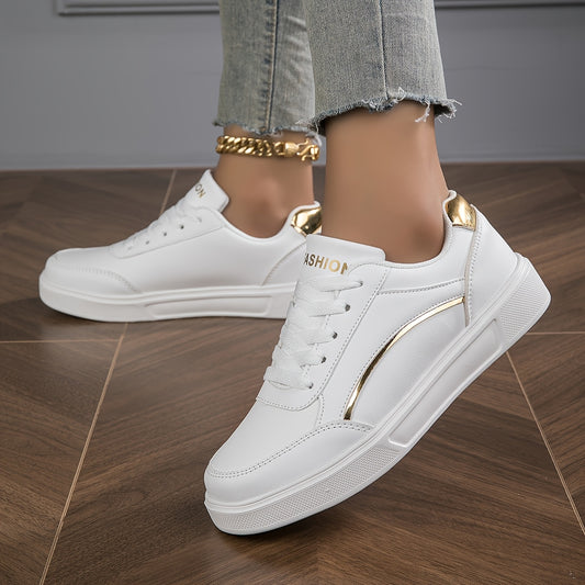 Women's Chic White Sneakers with Golden Accents - Breathable & Waterproof, Low-Top Lace-Up Casual Sports Shoes, Comfortable EVA Sole for All Seasons