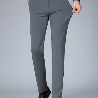 Men's Sleek Business Casual Dress Pants - Solid Black, Straight Leg, Wrinkle-Resistant Polyester Blend, All-Season Formal Trousers with Button Detail