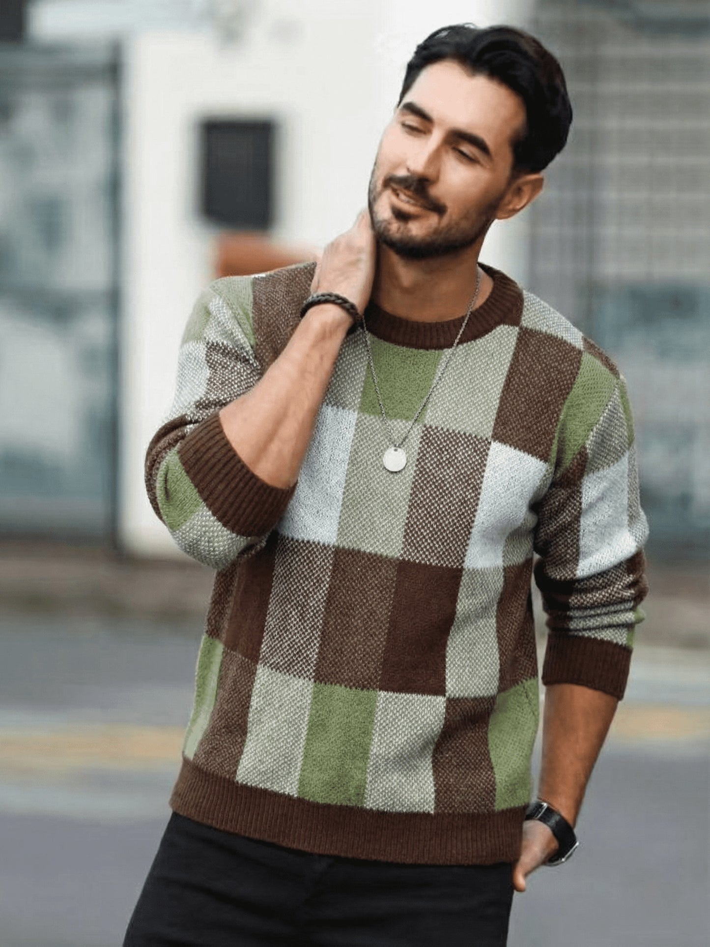 Men'S Casual Plaid Crew Neck Knit Sweater | Loose Fit, Long Sleeve, Fashionable Color Block Design, Suitable for Fall/Winter