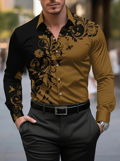 Men'S Casual Floral Print Dress Shirt - Black & White Swirl Design, Button-Up Collar, Long Sleeve, Regular Fit for Spring/Fall, Versatile for Casual & Formal Wear, Spring Fashion, Nonelastic Fabric, Elegant Shirt For Men, Lon