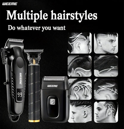 WEEME 2pcs/3pcs Men's grooming suit Multi-function electric hair clipper shaver trimmer alloy steel head three-gear adjustment USB fast charging LCD power display household travel car must-have gift for husband, boyfriend and