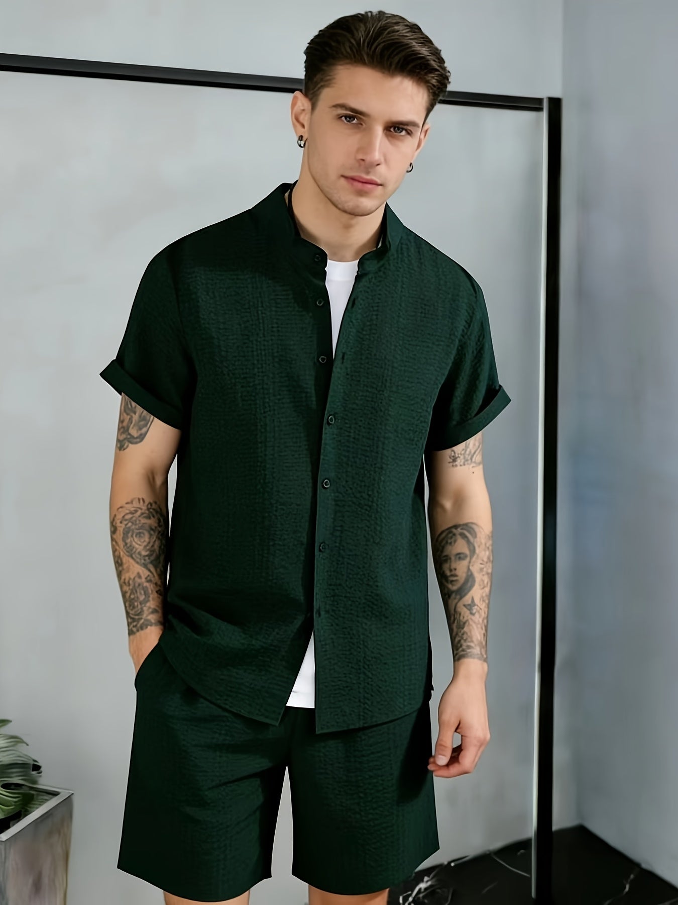 Men's Casual Summer 2-Piece Set: Stand Collar Shirt & Shorts