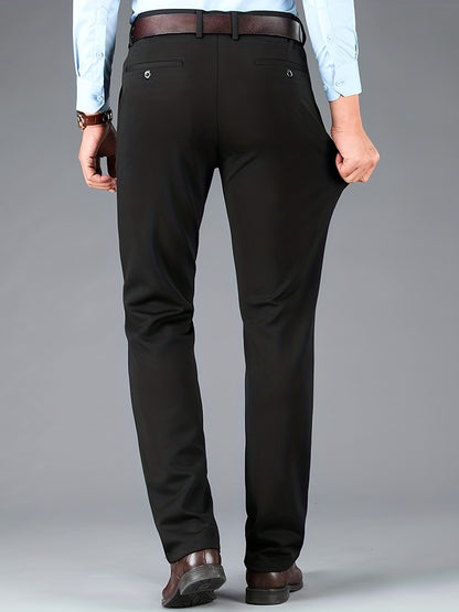 Men's Sleek Business Casual Dress Pants - Solid Black, Straight Leg, Wrinkle-Resistant Polyester Blend, All-Season Formal Trousers with Button Detail