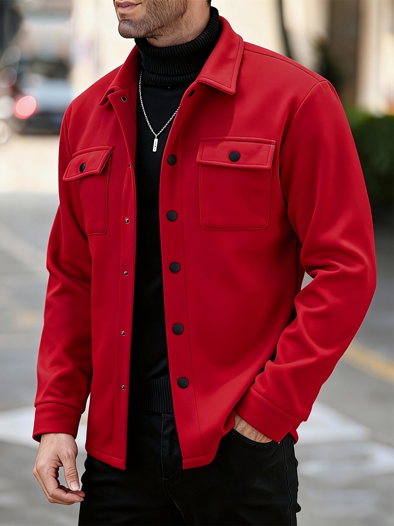 Men's Solid Color Lined Workwear Shirt Jacket with Snap Buttons
