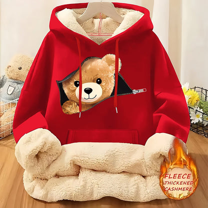 Women'S Plush Fleece-Lined Hooded Sweatshirt with Bear Print & Zipper Closure - Cozy Winter Warmth, / Color Block Design, Soft Fleece Fabric, Casual Pullover for Fall & Winter, Autumn Winter Apparel | Hooded Sweatshirt | Zipp