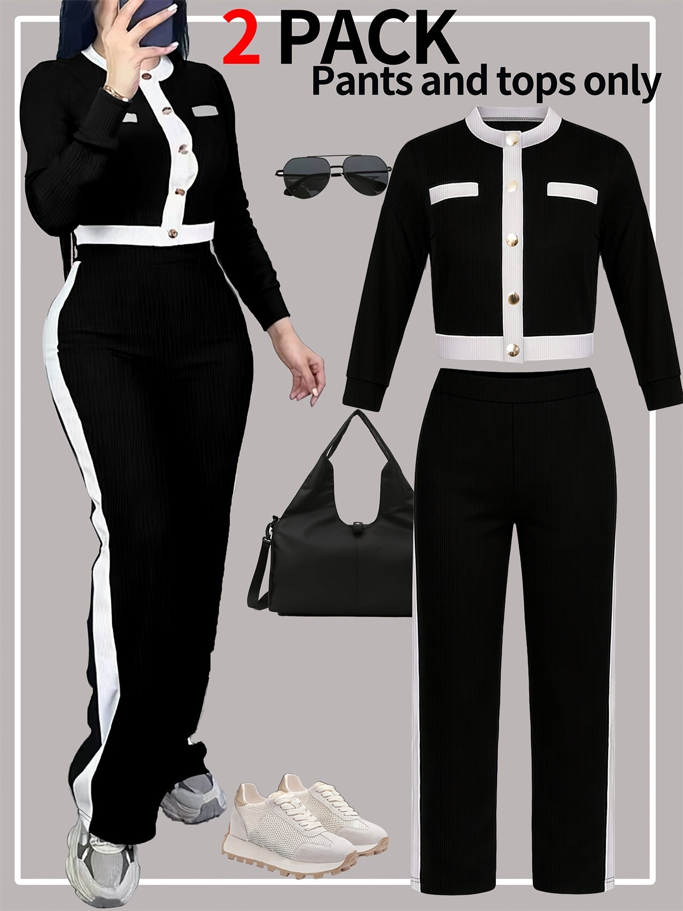 Autumn And Winter Women'S Outfit - Stylish Color-Blocked Fitted Long-Sleeve Top with a Round Neck And Versatile High-Waisted Comfortable Straight-Leg Pants