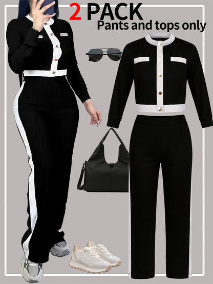 Autumn And Winter Women'S Outfit - Stylish Color-Blocked Fitted Long-Sleeve Top with a Round Neck And Versatile High-Waisted Comfortable Straight-Leg Pants