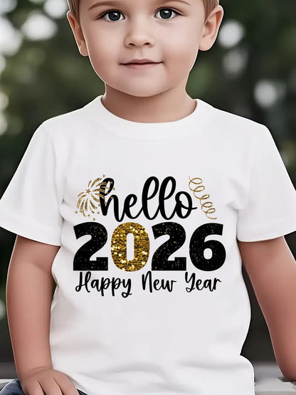Boys' 2026 New Year'S Eve Party T-Shirt - Hello 2026 Happy New Year Fireworks Print with Golden & Lettering - Lightweight Summer Tee for Birthday Party Outfit, New Year'S Eve Celebration - Easy-care Kids Shirt, New Year T Shi