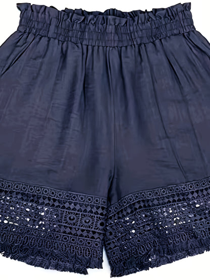 Solid Tassel Hem Loose Shorts, Vacation Paper Bag Waist Summer Shorts, Women's Clothing