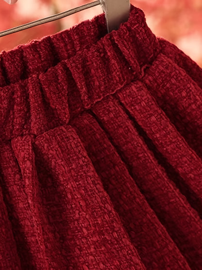 Girls' Elegant Red & Ruffled Skirt Set - Long Sleeve, Button-Up, Non-Stretch Fabric, Loose Fit, Perfect for Fall/Winter, Casual Style, Casual Attire, |elegant Girls' Set|buttonup Skirt Set, For Outdoor