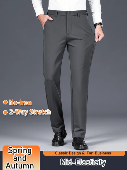 Men's Solid Color Dress Pants, Classic Design Slightly Stretch Formal Dress Pants For Business Occasions, Spring And Fall