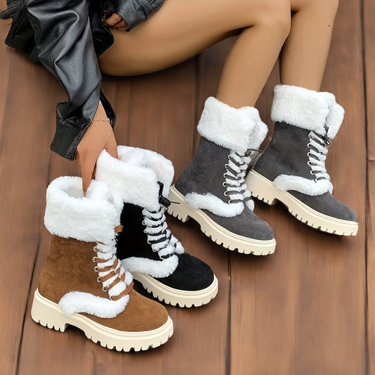 Women's Cozy Fleece-Lined Winter Boots - Mid-Calf Lace-Up with Thick Faux Fur Trim, Round Toe & Chunky Heel in Brown or Black, Perfect for Cold Weather Comfort, Winter Boots