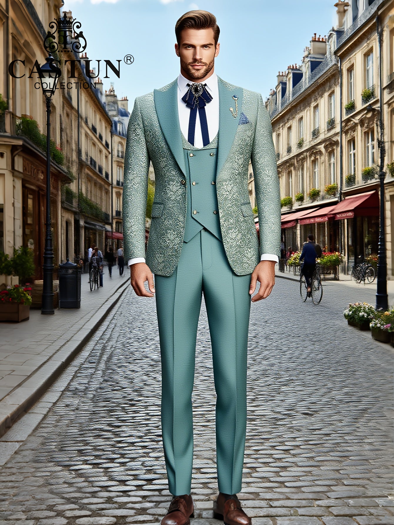 Men's 3-Piece Floral Skinny Fit Suit with Peak Lapels