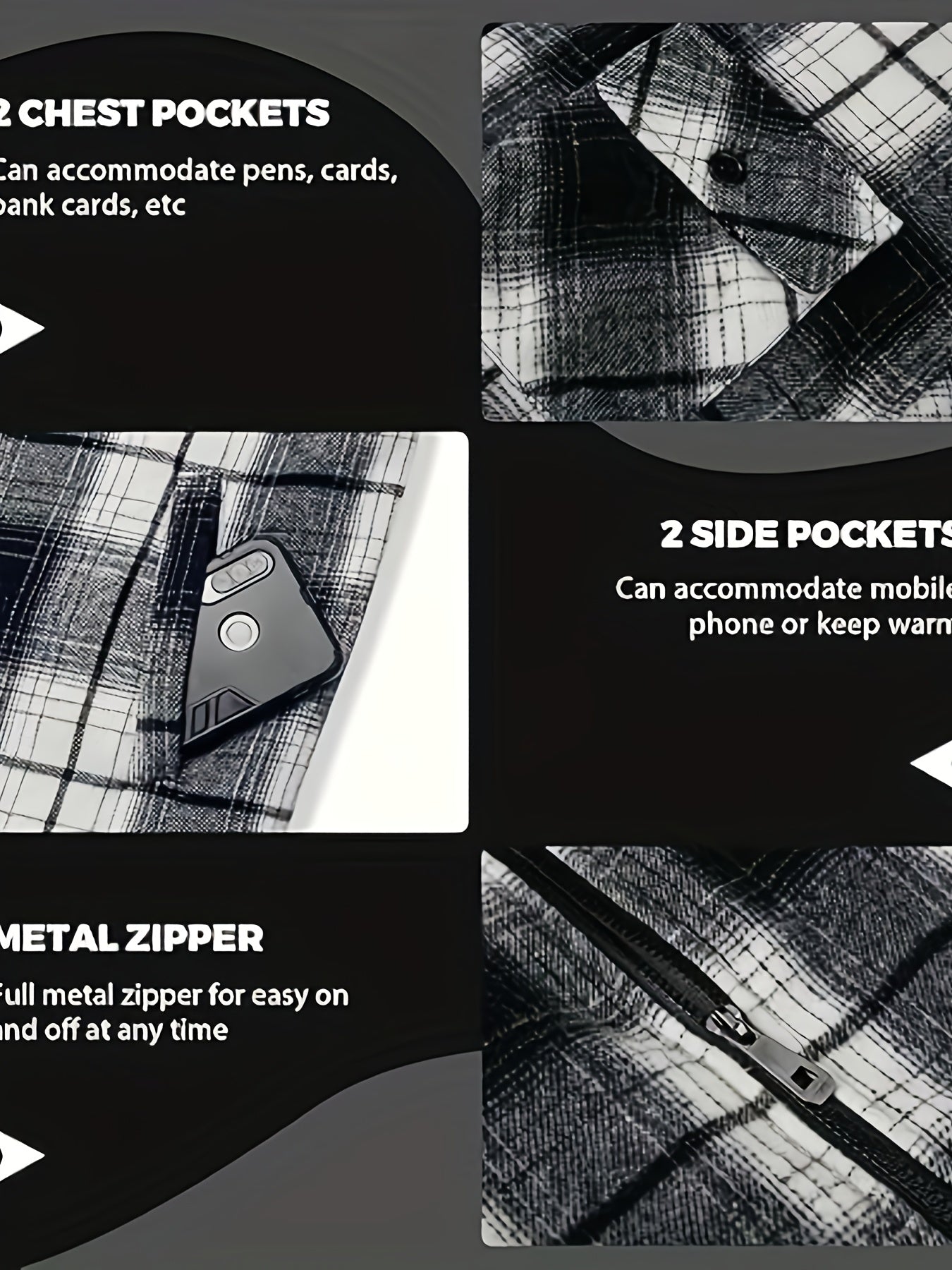 DPYEW Men's Full-Zip Hooded Jacket with Fleece Lining & Plaid Black/White/Gray Winter Coat - Windproof Outerwear, Full-Zip Closure, Hand Washable, Casual Jacket for Skiing, (Warm), Winter Jacket For Men, Mens Jacket, Men Wint