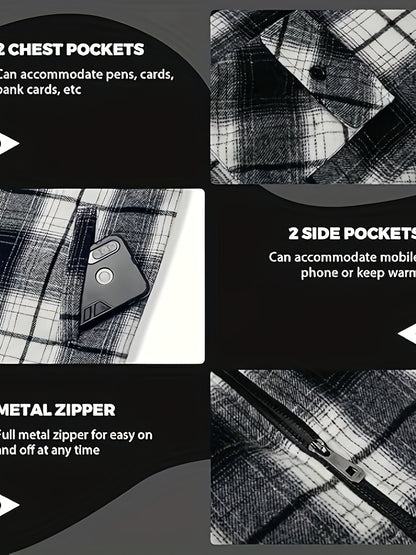 DPYEW Men's Full-Zip Hooded Jacket with Fleece Lining & Plaid Black/White/Gray Winter Coat - Windproof Outerwear, Full-Zip Closure, Hand Washable, Casual Jacket for Skiing, (Warm), Winter Jacket For Men, Mens Jacket, Men Wint