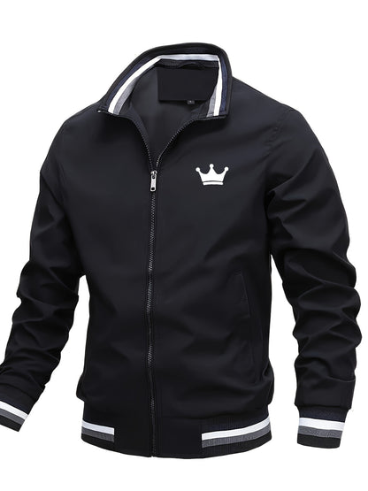 Men's Lightweight Jacket - Mustard-Yellow with Black Print Stripes, Zipper Closure & Structured Fit for Urban Streetwear, Formal Events - Spring/Fall Outerwear Coat, Spring Outerwear, Striped Detail Jacket, Nonstretch Materia