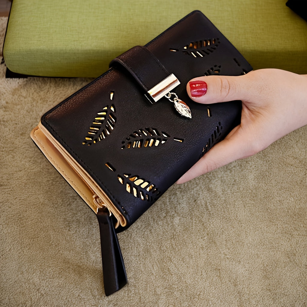 Perfect Christmas Gift for Her: Elegant Women's Long Wallet with Hollow Leaf Pattern & Gold Metal Pendant, Detachable ID Window, Zipper Coin Purse, Multiple Card Slots - Stylish PU  Clutch in Khaki, Blue, Black, Brown, Pink
