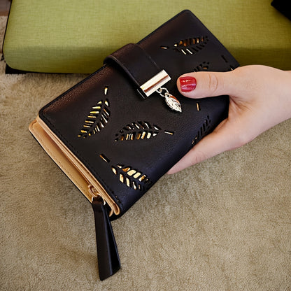 Perfect Christmas Gift for Her: Elegant Women's Long Wallet with Hollow Leaf Pattern & Gold Metal Pendant, Detachable ID Window, Zipper Coin Purse, Multiple Card Slots - Stylish PU  Clutch in Khaki, Blue, Black, Brown, Pink