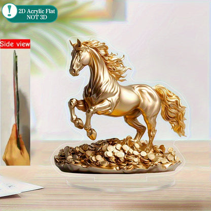 2D Flat, 1pc 2D Flat Acrylic Golden Horse Ornament - Elegant Desktop Decoration, Luxurious Golden Plating with Exquisite Mane Details and Coin Base, Suitable for Home, Office, Wedding, Christmas - Animal Theme Decor, No Assem