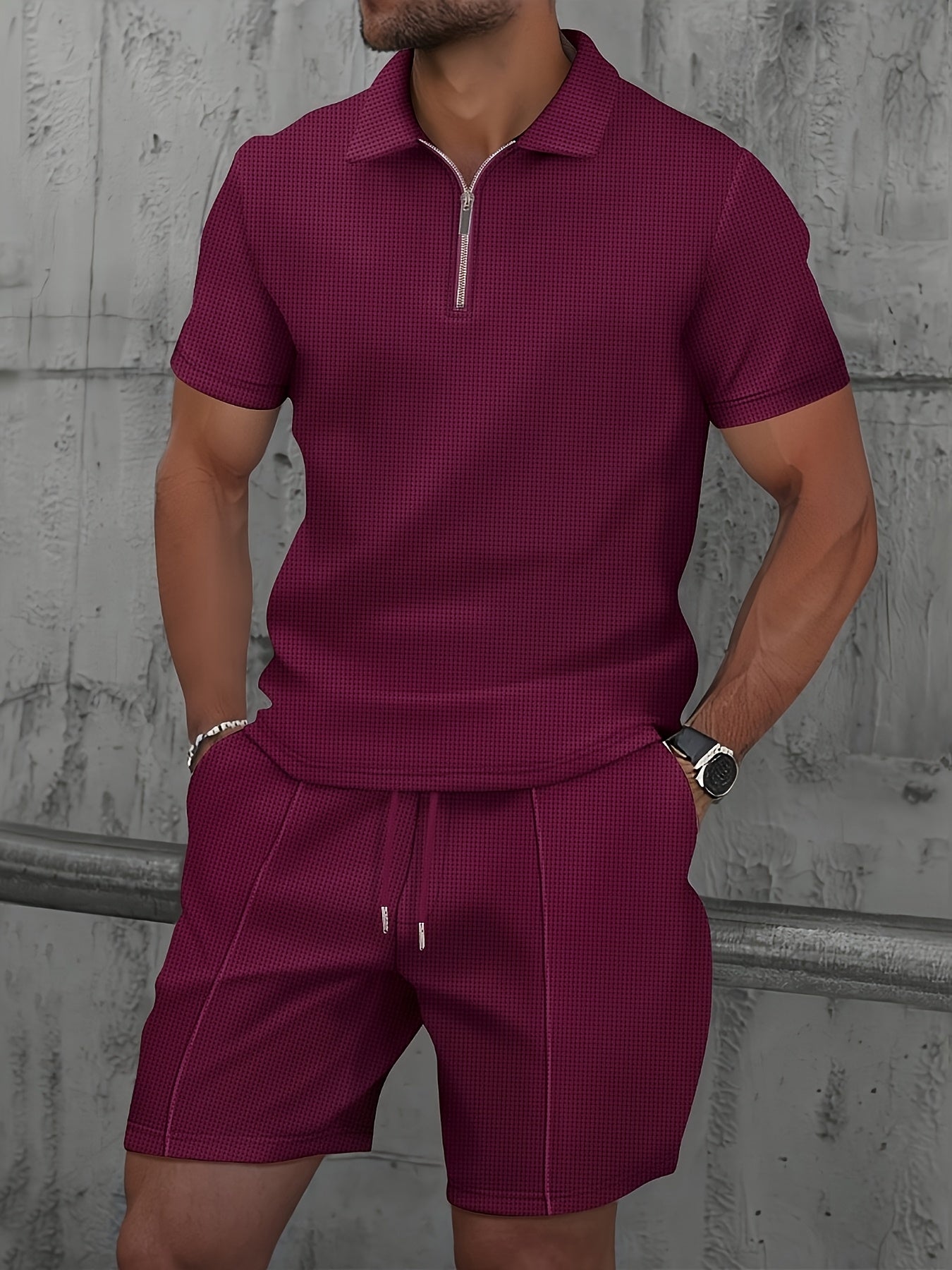 Men's Waffle Knit Quarter-Zip Polo & Drawstring Pants Set