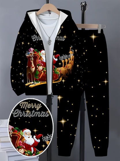 Christmas Fashion 3D Print, Boys' Fashion 3D Print Casual Hooded Zip-Up Cardigan Set, Suitable for Outdoor Activities, Boys' Top and Pants Outfit, Hooded Sweatshirt and Pants Set, Long Sleeve Hoodie and Pants Set, Christma Ou