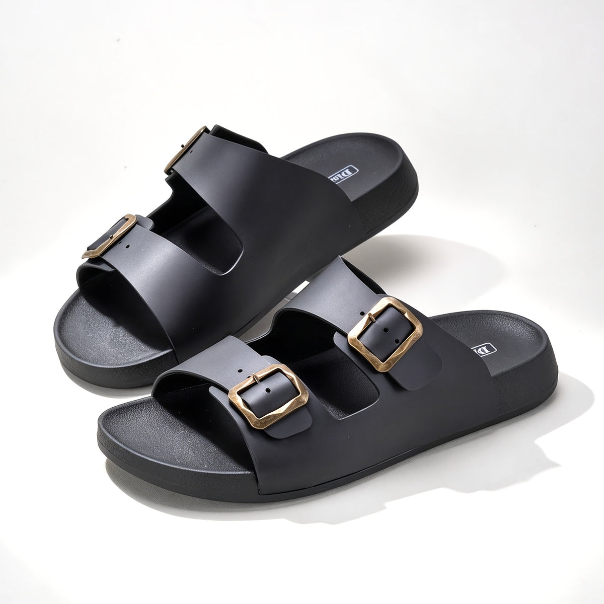Unisex Retro Slide Sandals with Metal Buckle, Casual Double Strap