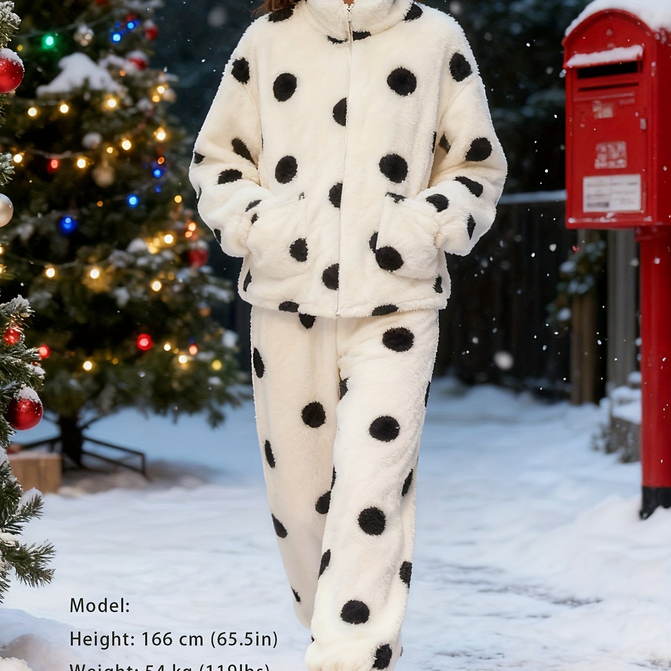 2pcs Women'S Autumn & Winter Loungewear Set | Polka Dot High Neck Zip-Up Jacket + Pants with Pockets, Loose Fit, Long Sleeve Drop Shoulder Style for Casual Home Wear.