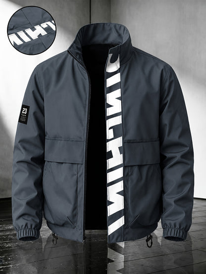Men's Casual Polyester Bomber Jacket with Stand Collar