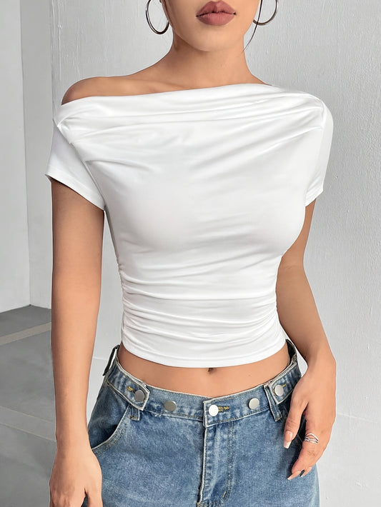 Women'S Asymmetrical Shoulder Ruffled Hem Short T-Shirt