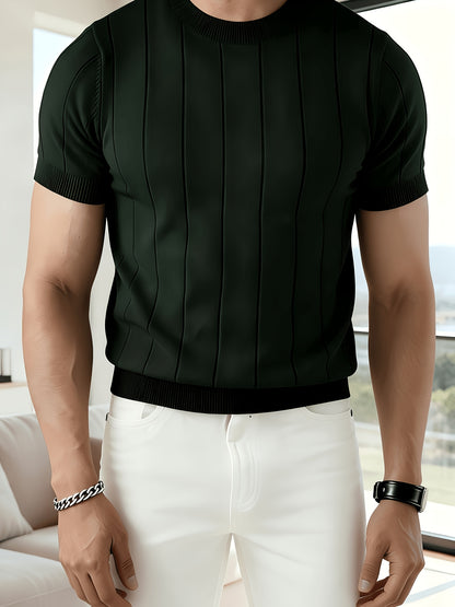 Men's Black Vertical Stripe Knit Short-Sleeve T-Shirt, Slim Fit