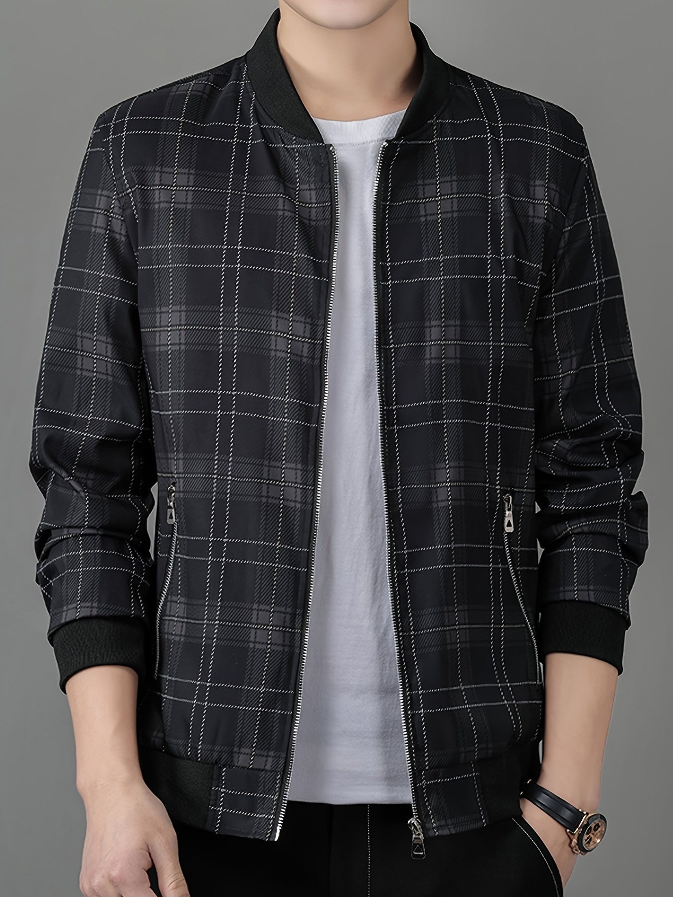 Men's Lightweight Baseball Jacket - Navy Blue & Black Plaid Zip-Up Coat, Non-Stretch Fabric for Formal & Casual Outfits - Spring/Fall Outerwear Jacket, Outdoor Wear, Classic Collar, Quality Stitching, Stylish Coat, Fashioncon