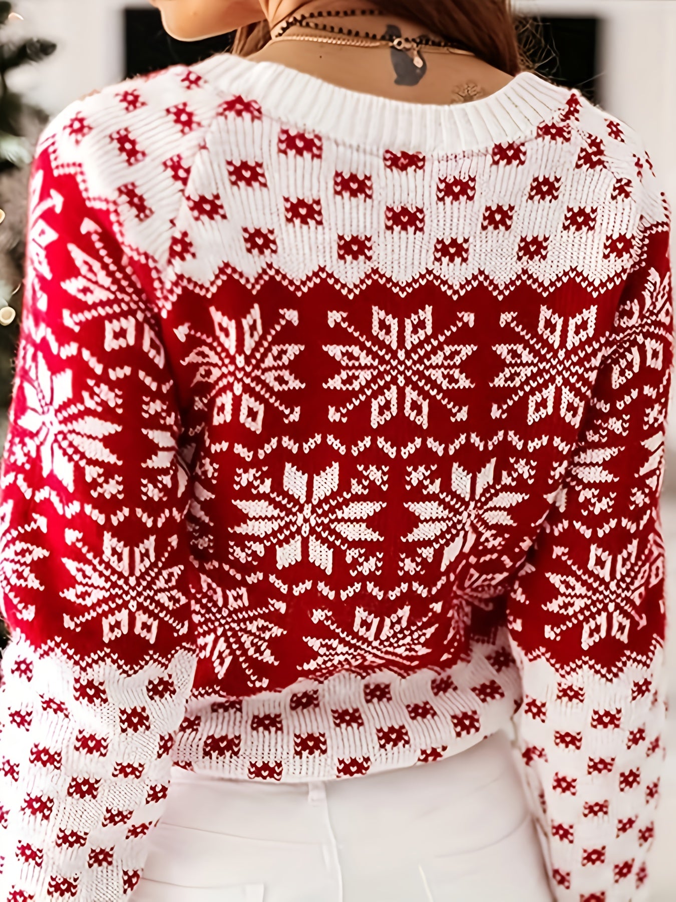 Women'S Elegant Red & Sweater - Cozy Winter Pullover with Snowflake Pattern, Round Neck, Long Sleeve, All-Season Comfort, Perfect for Christmas & New Year Celebrations, Winter Clothes For Women, Casual Wear | Snowflake Design
